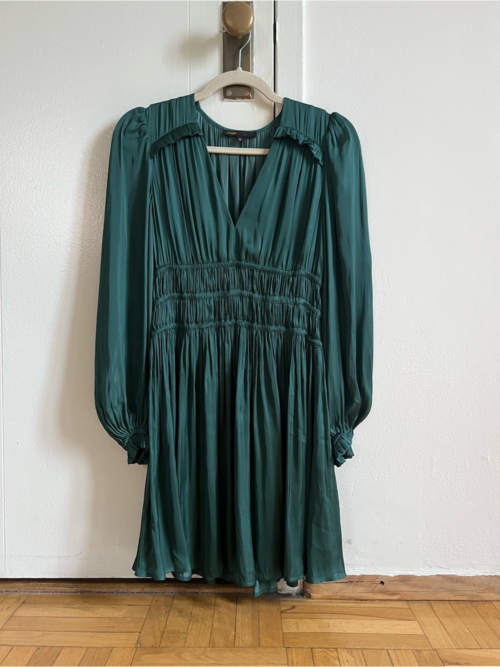 Never Worn Maje Forest Green size 36 Long-Sleeve V-Neck Smocked Waist Mini Dress